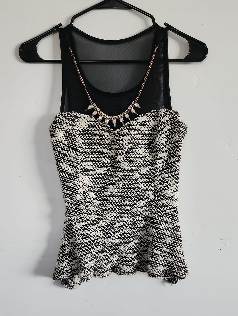 Black & White Knit Peplum Tank Top with Mesh Yoke